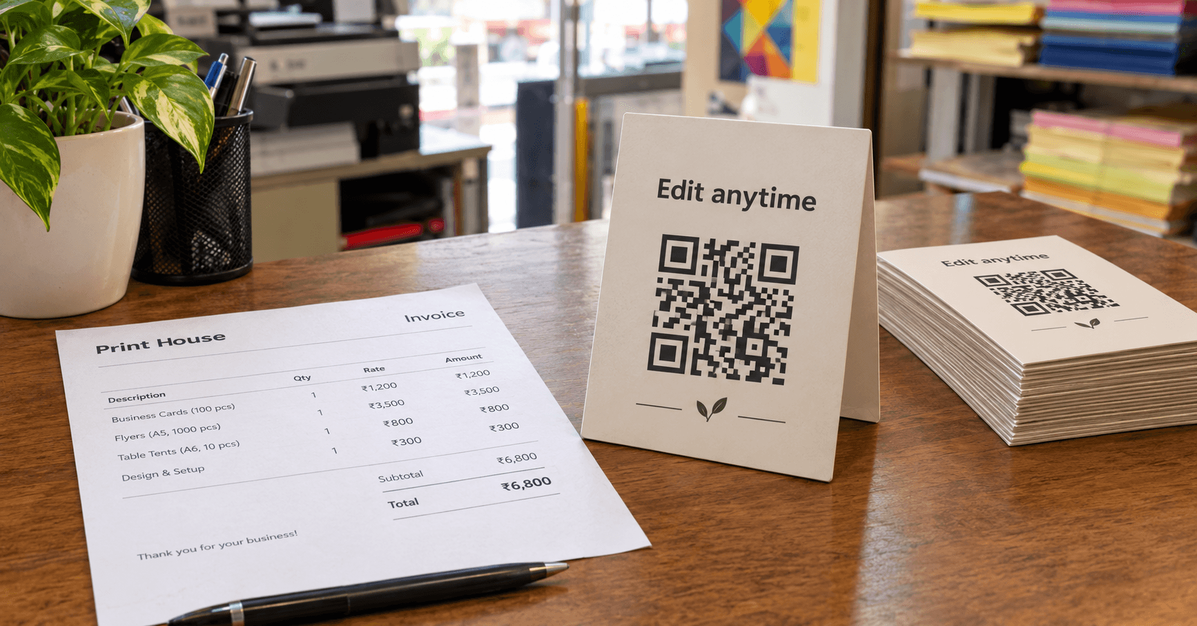 Print shop reprint invoice next to a single dynamic QR table tent