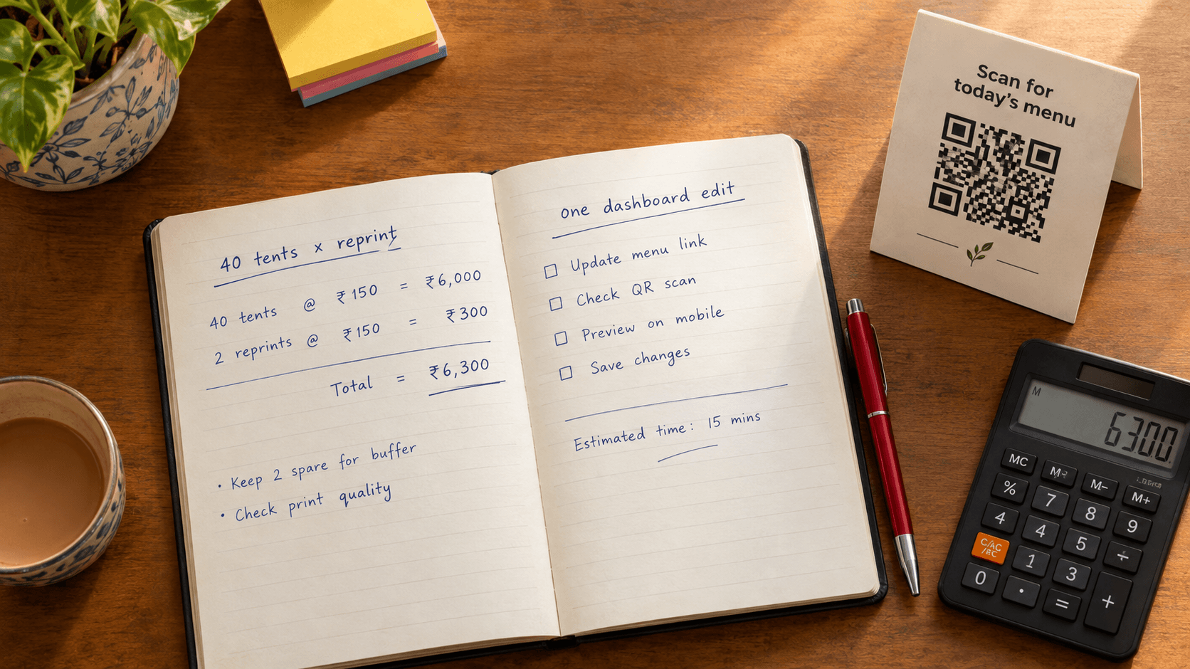 Notebook showing 40 tents times reprint cost versus one dashboard edit