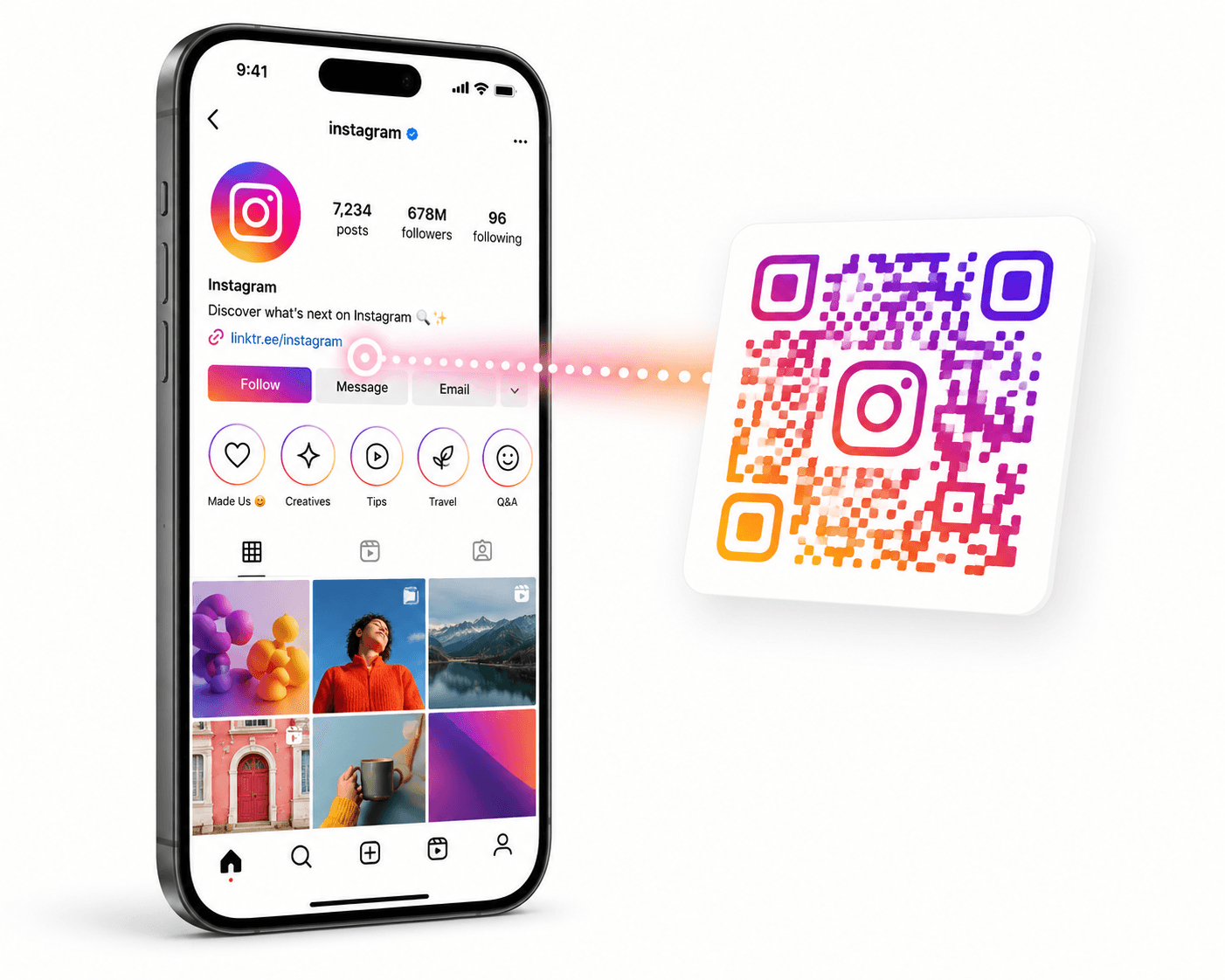 Smartphone showing Instagram profile opened by scanning a QR code