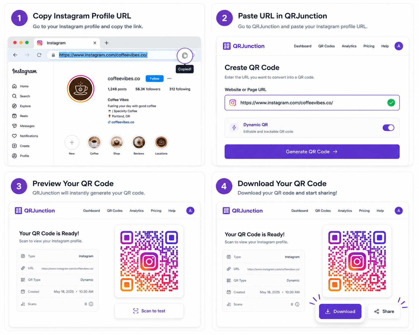 Step by step process of creating an Instagram QR code on QRJunction