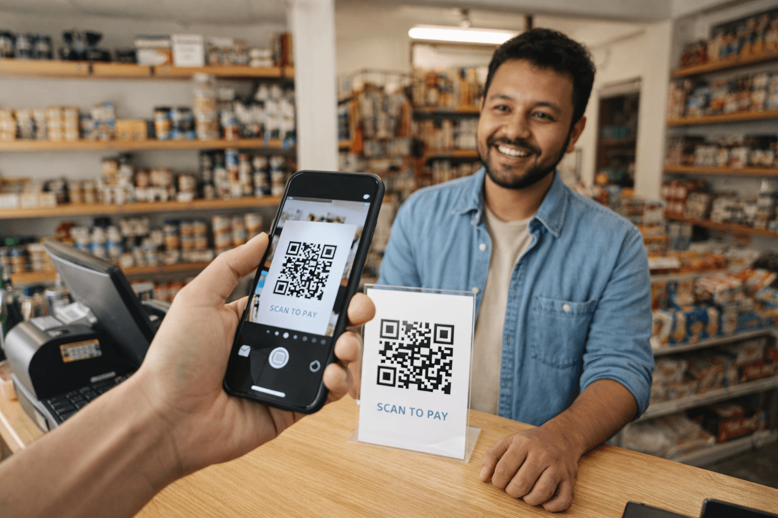 Shop owner using QR code for customer payments and marketing
