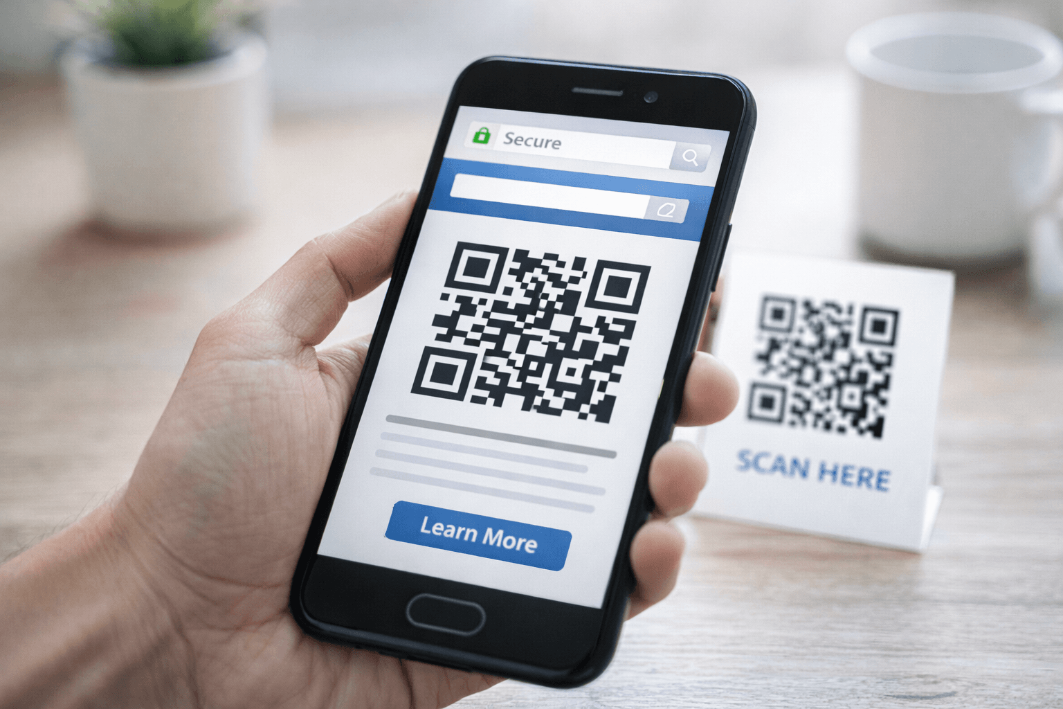 Person scanning QR code safely with smartphone