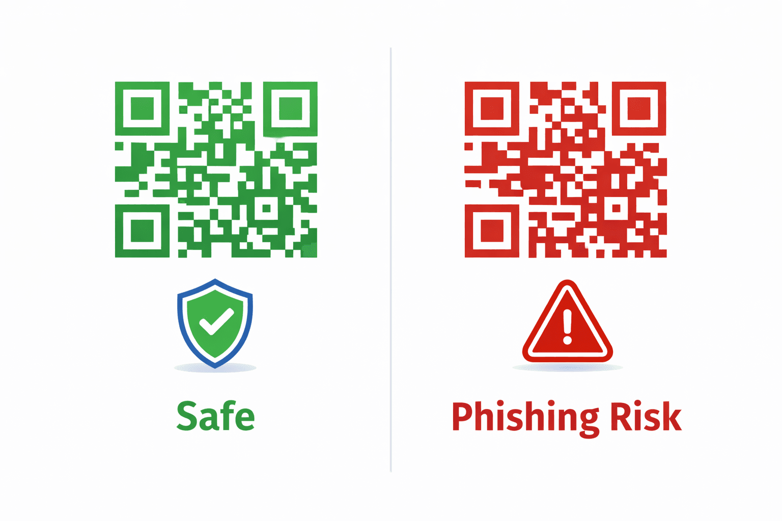 Warning illustration showing safe vs unsafe QR code scanning
