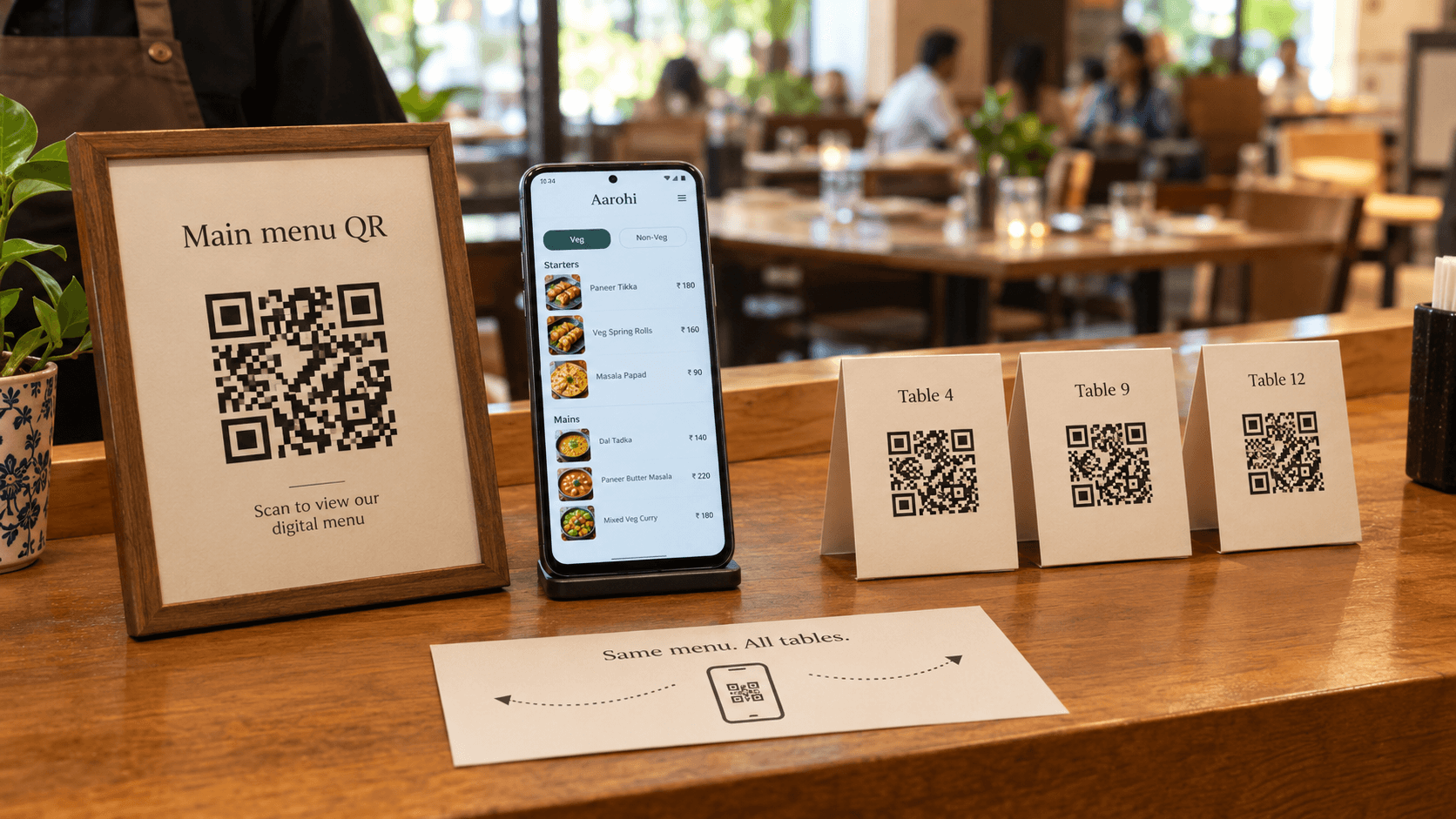Restaurant main QR code versus per-table QR codes pointing to the same digital menu