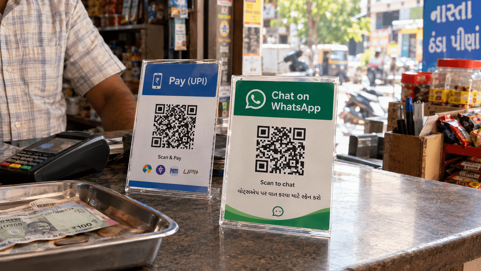 Indian shop counter with a WhatsApp QR code standee next to the billing tray