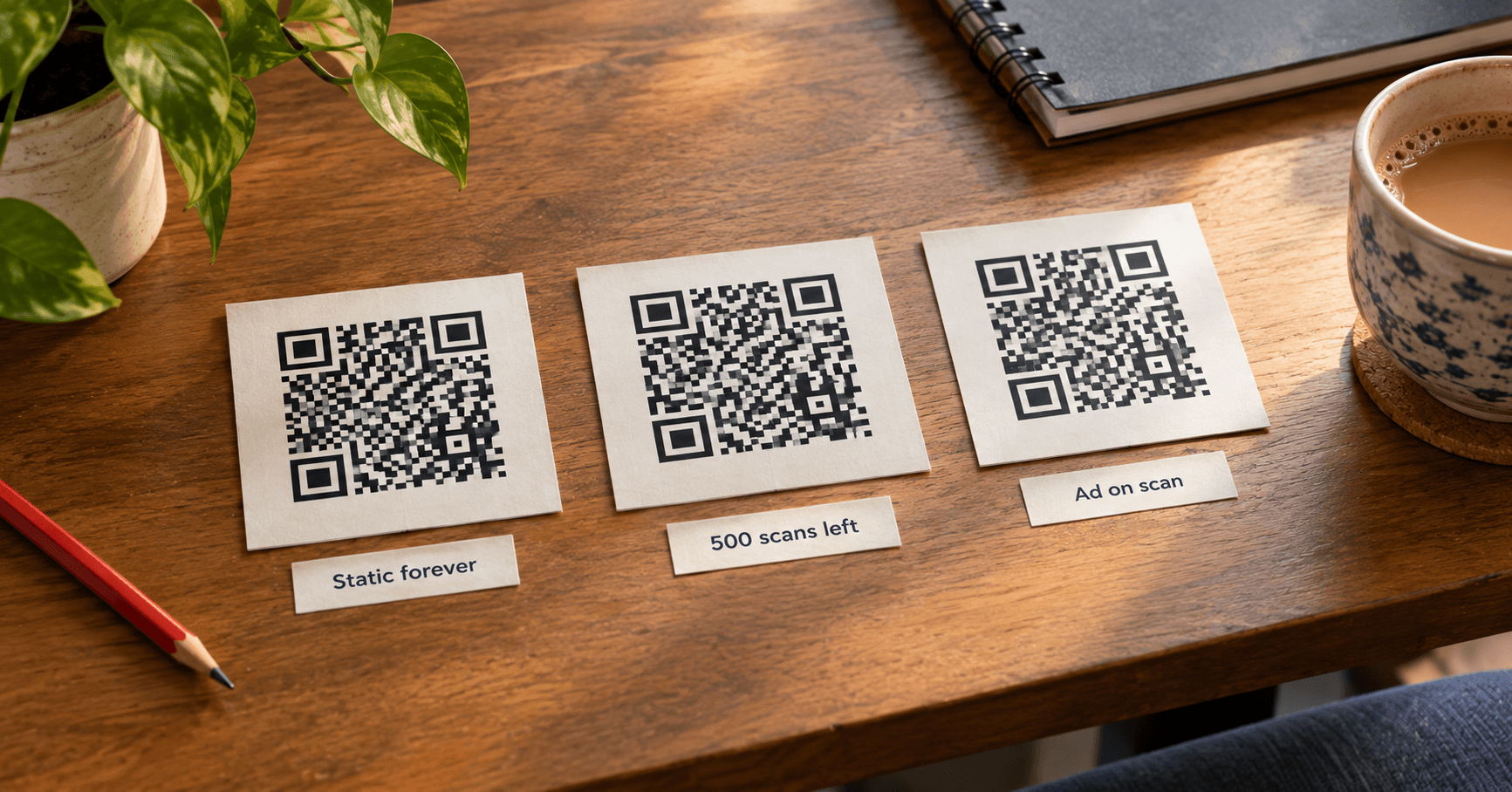 Three printed QR codes tagged static forever, 500 scans left, and ad on scan