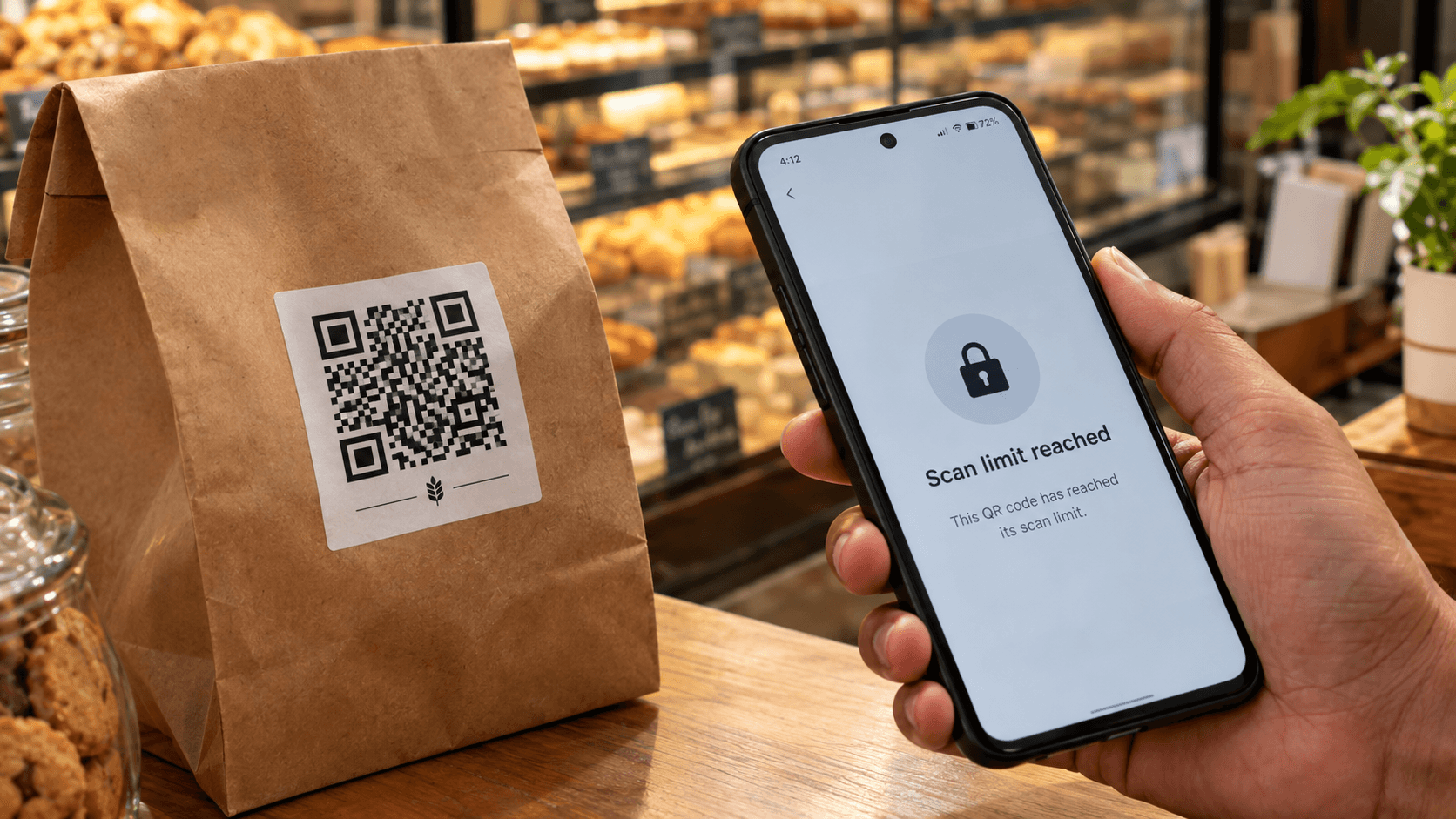 Takeaway bag QR code next to a phone showing a scan limit or blocked screen