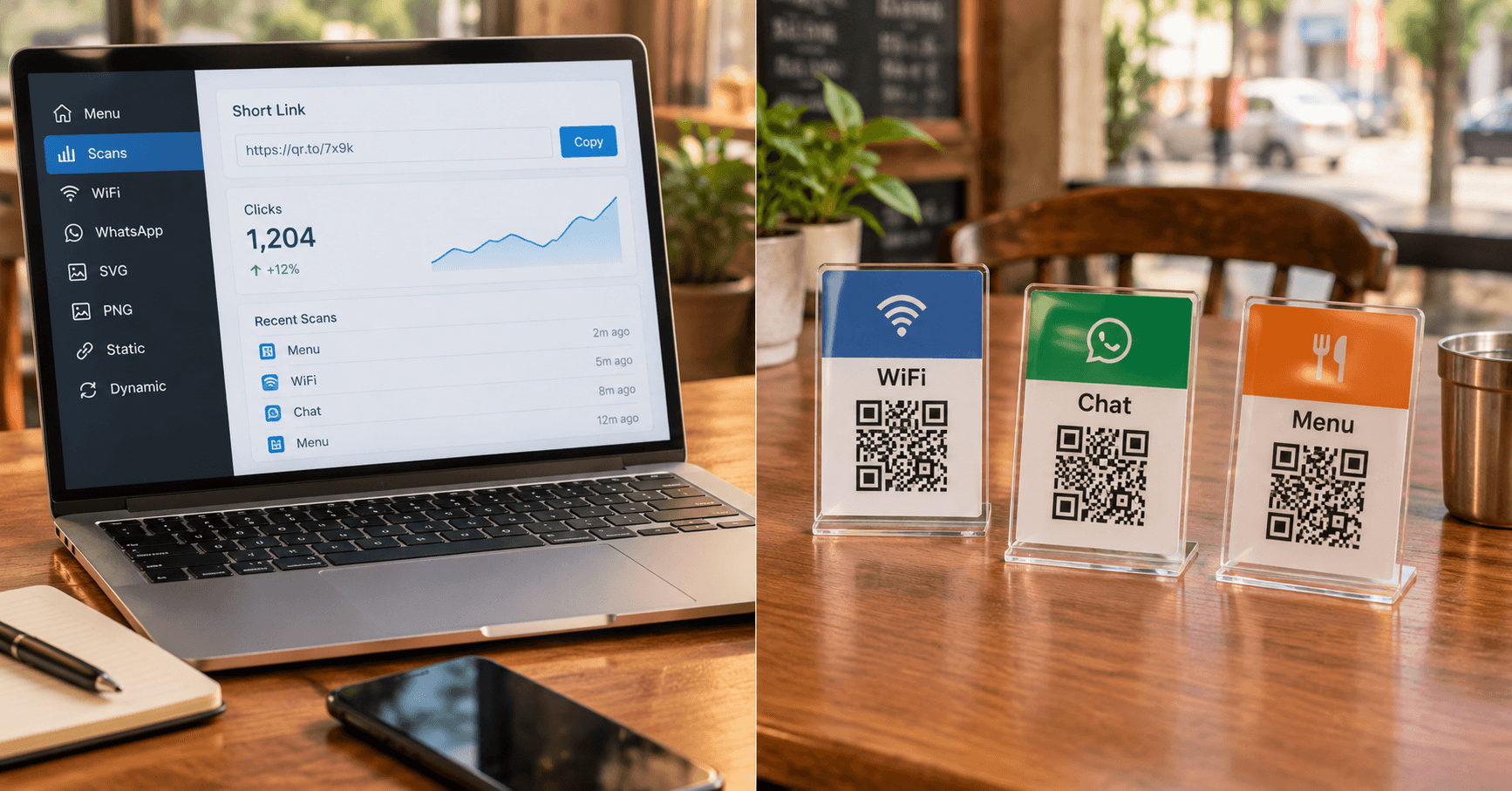 Short-link dashboard on a laptop next to WiFi, WhatsApp, and menu QR table tents