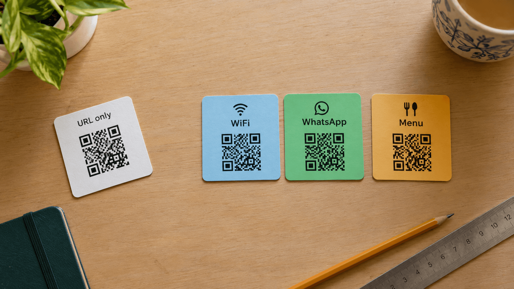 URL-only chip next to WiFi, WhatsApp, and Menu QR type chips on a desk
