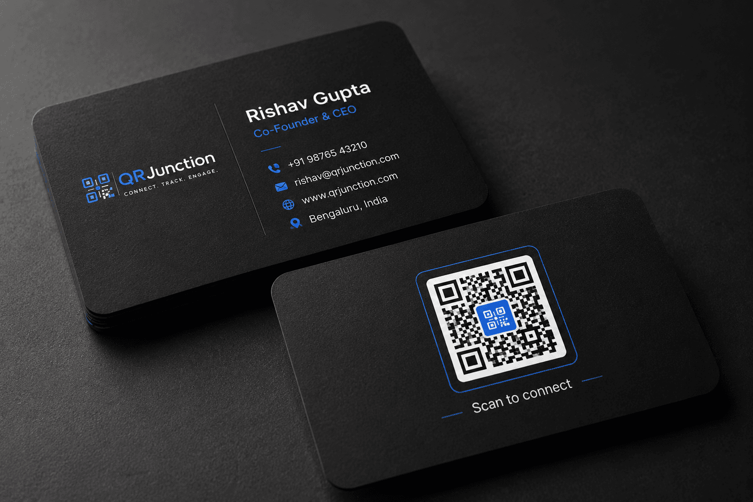 Professional business card with QR code on the back displayed on a dark background