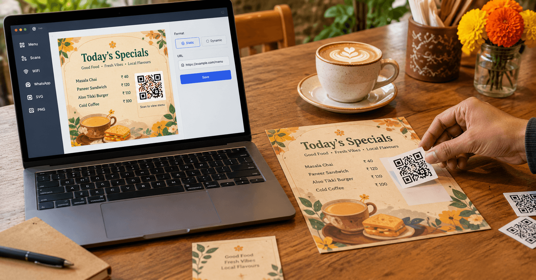 Flyer design on a laptop next to a separate SVG QR code being placed on a print proof