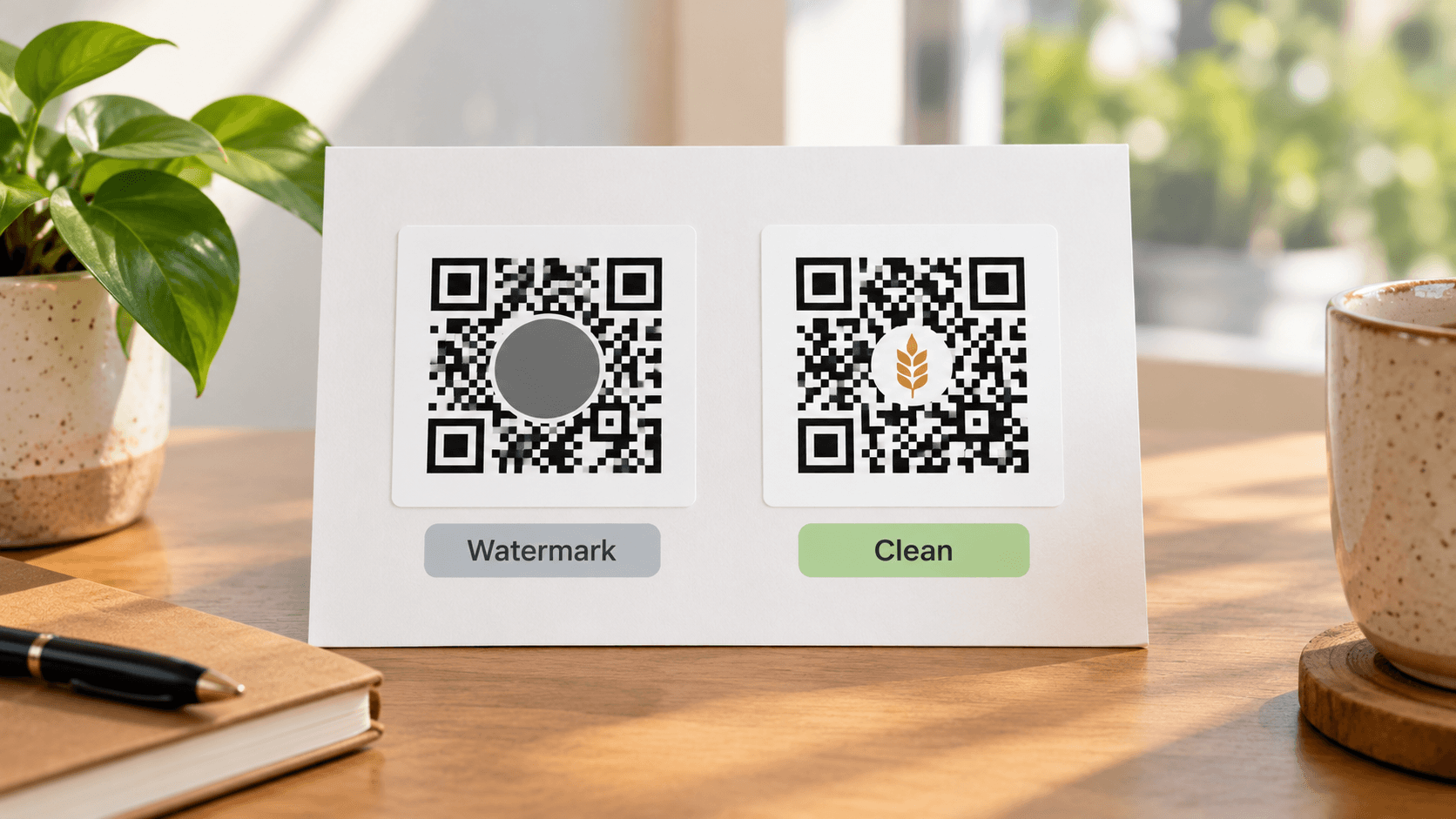 Two QR codes compared: one with a generic centre watermark, one clean high-contrast code
