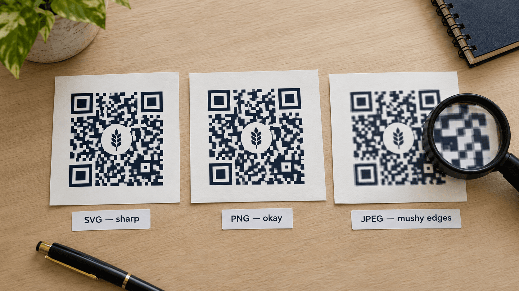 SVG vs PNG vs JPEG comparison for printing a custom QR code with logo