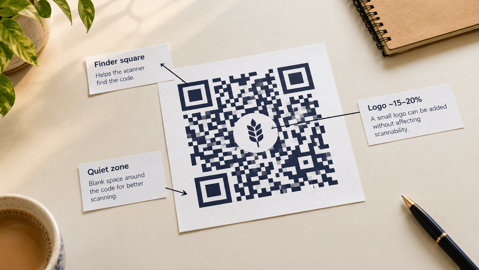 Anatomy of a QR code with logo showing finder squares, quiet zone, and safe logo area