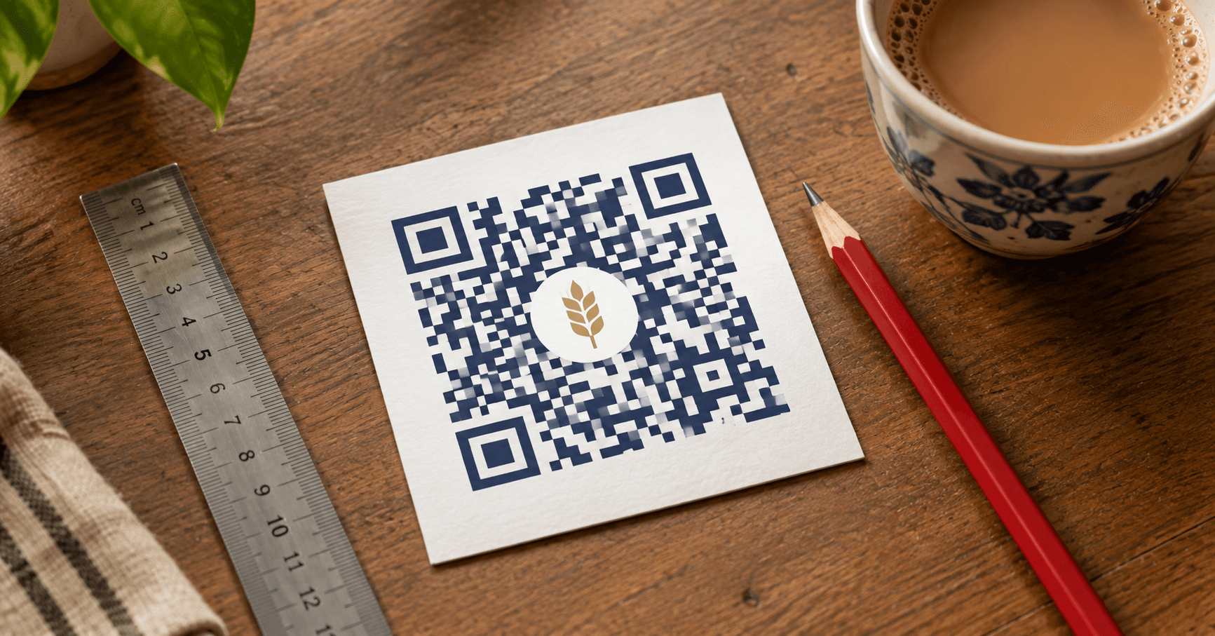 Custom QR code with a brand logo in the centre, high contrast, print-ready on a desk