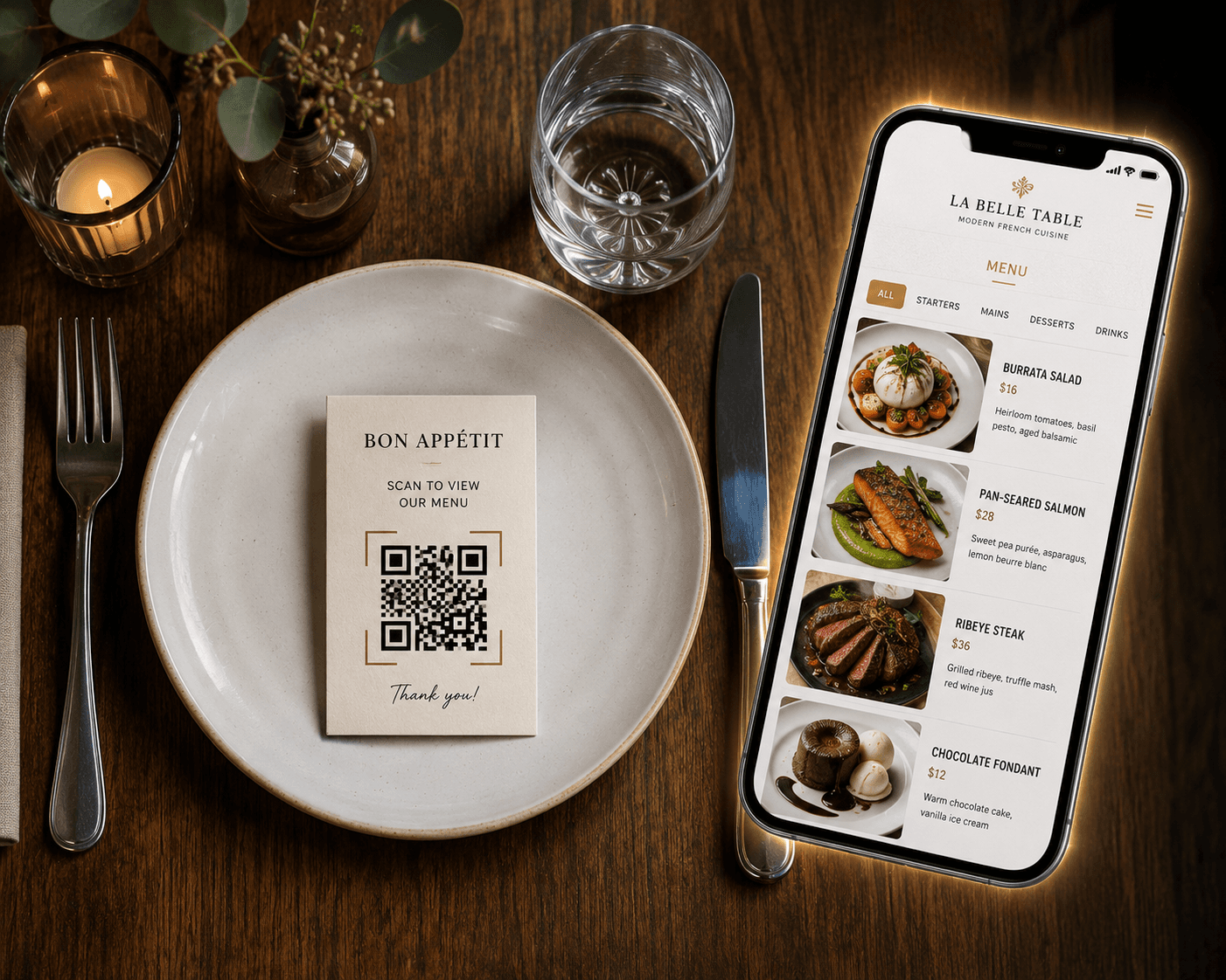 Restaurant table card with QR code linking to a digital menu shown on a smartphone