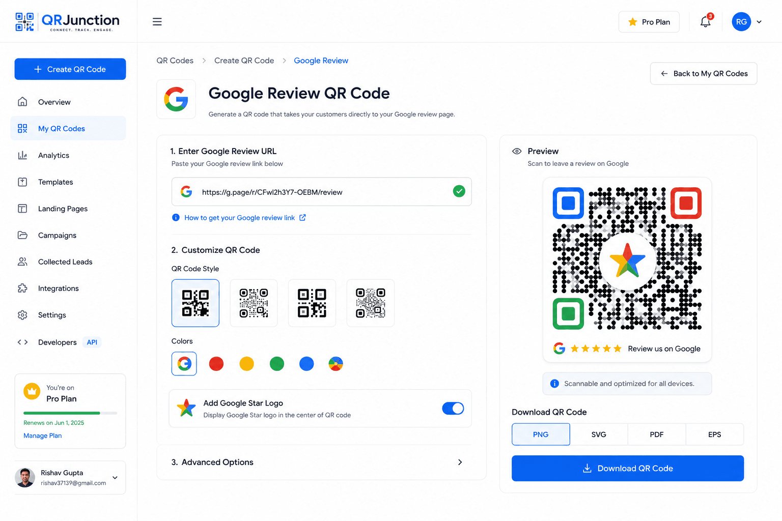QRJunction interface showing Google review QR code being created with star icon overlay