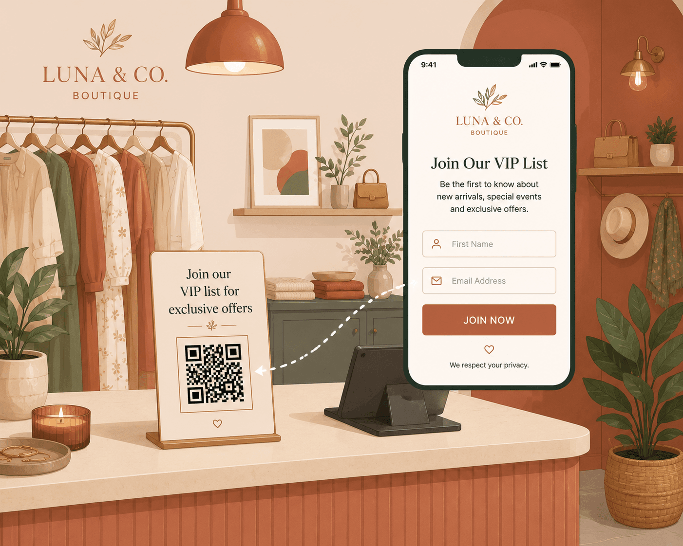 Small boutique counter display with QR code linking to email signup form on smartphone