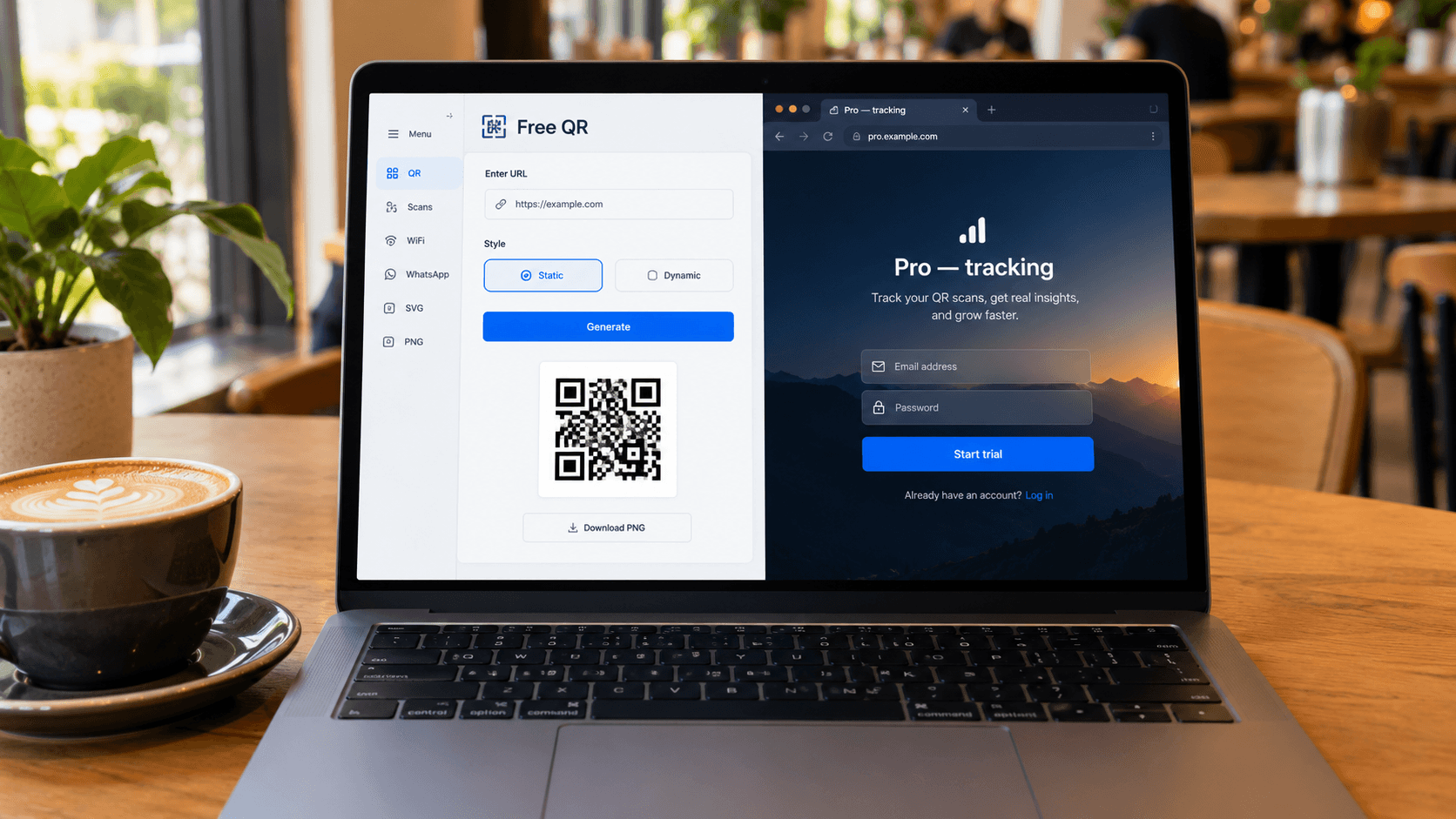Laptop showing a free QR generator that opens a second professional site for tracking