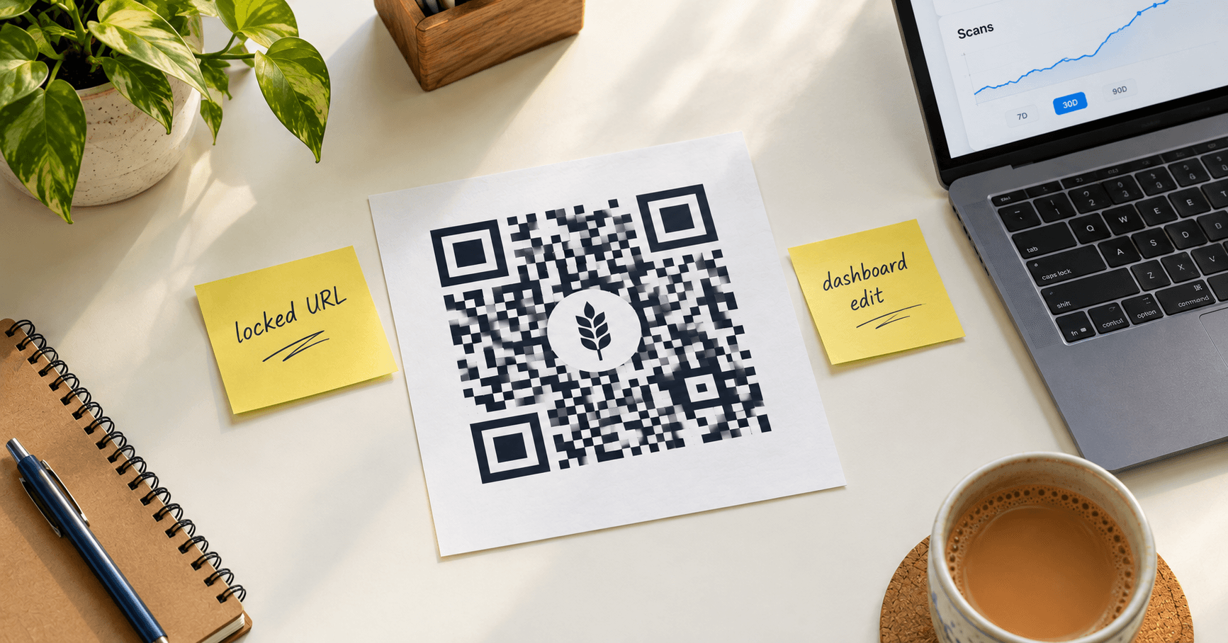 One printed QR code with two sticky notes: locked URL versus dashboard edit