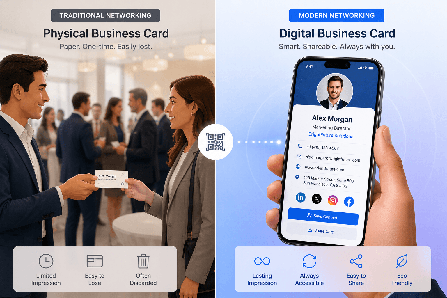 Physical business card with QR code connecting to a digital business card on smartphone