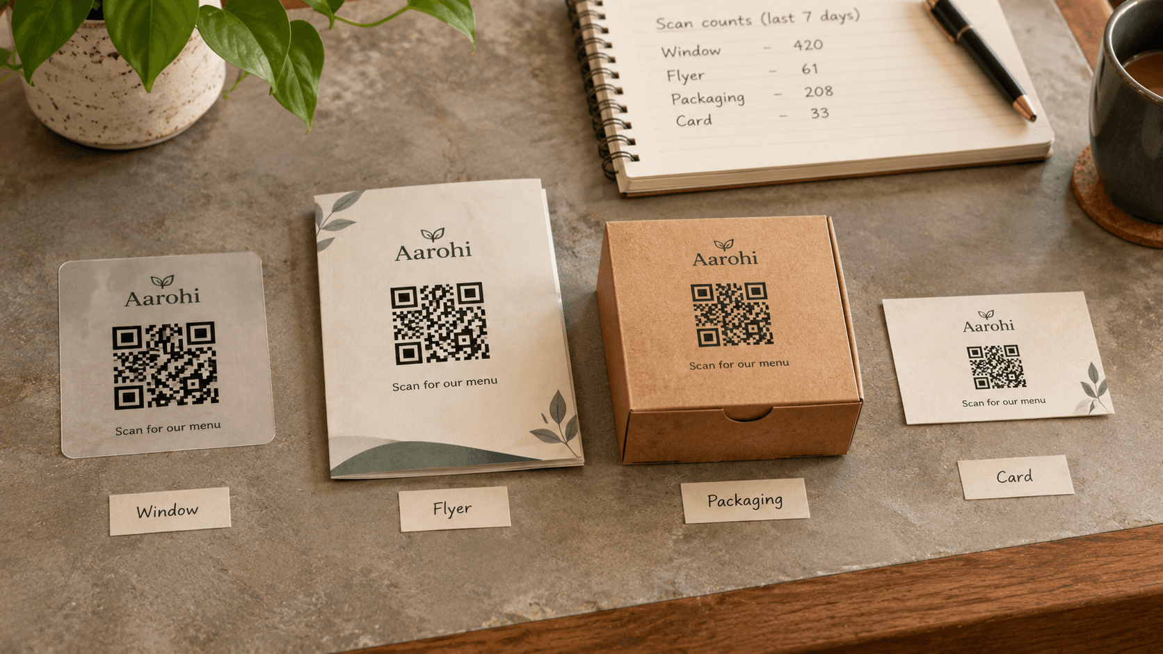 Four QR code placements — window, flyer, packaging, visiting card — with separate scan tracking