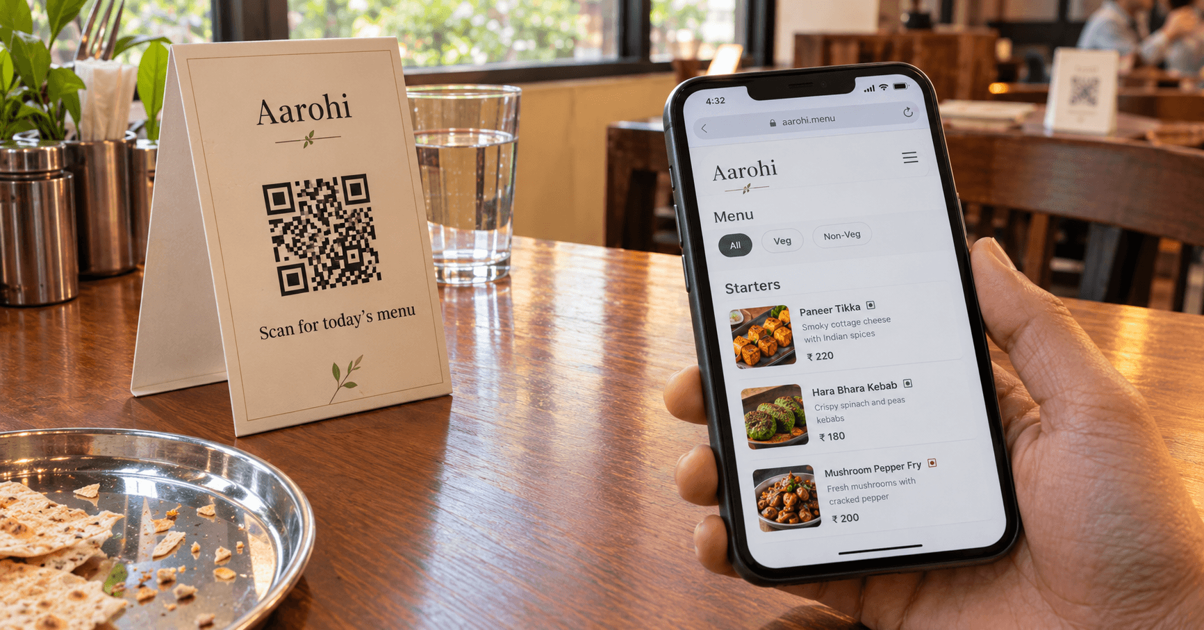 Indian restaurant table tent saying scan for today’s menu, HTML menu with rupee prices on a phone