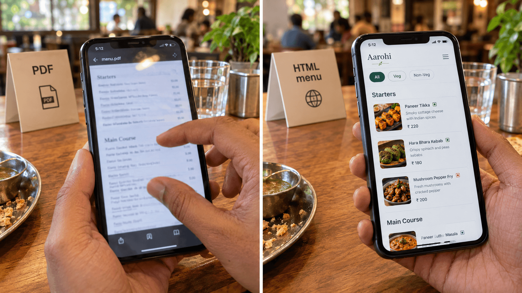 Split view of a pinch-zoom PDF menu versus a scrollable HTML menu with veg filter