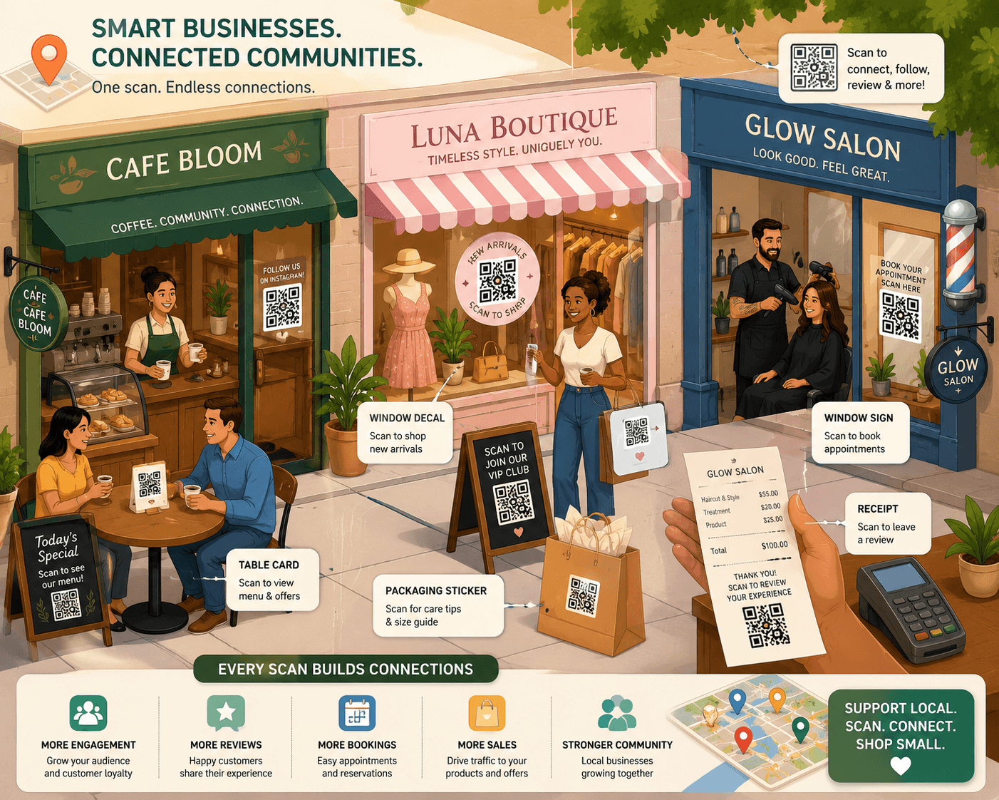 Small business street scene showing multiple QR code touchpoints across a cafe, boutique, and salon