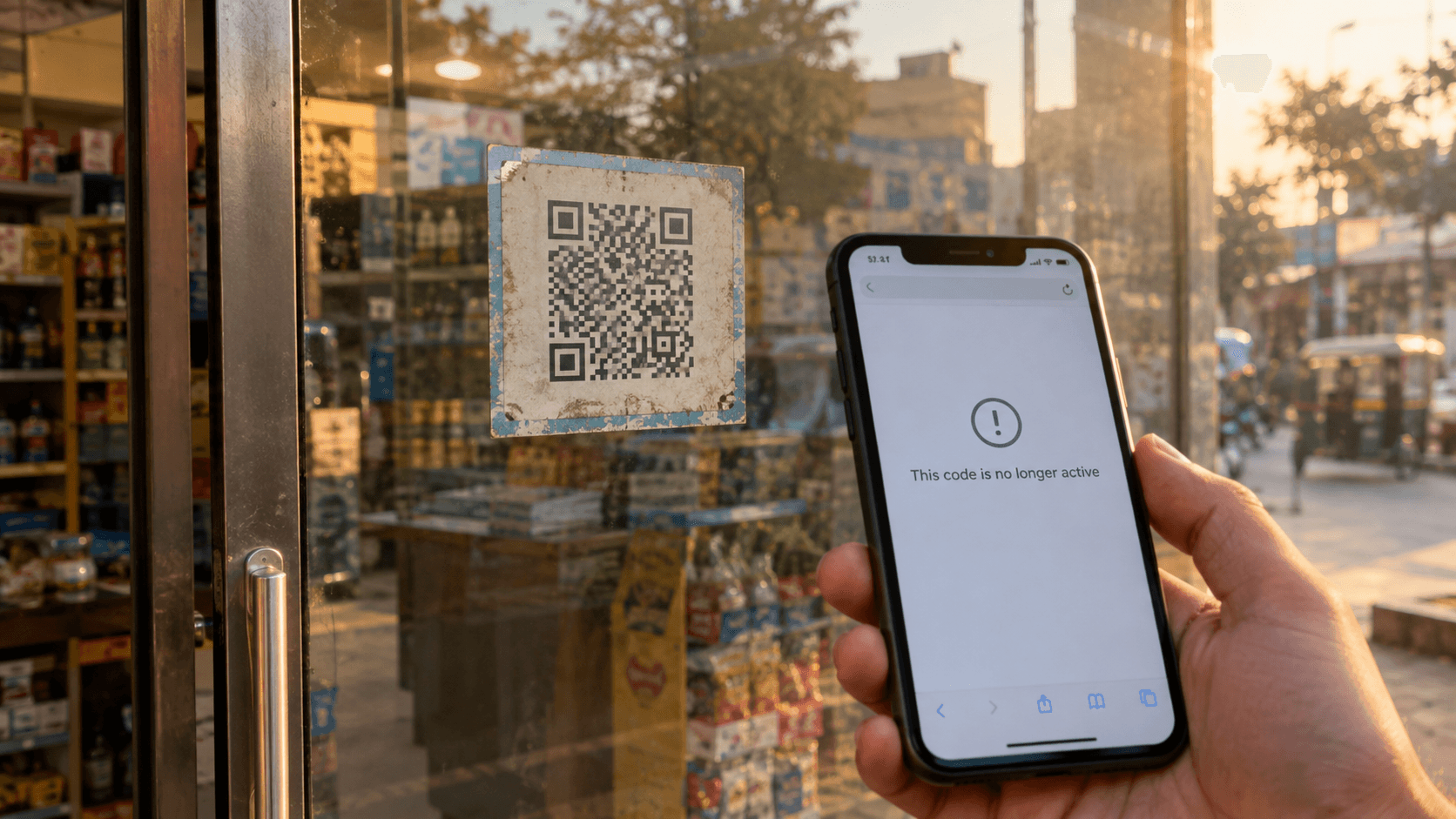 Faded shop-window QR sticker next to a phone showing a dead redirect page