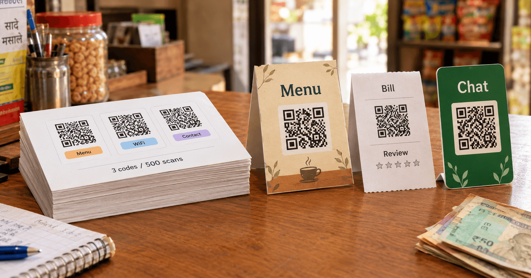 Desk comparison cards showing 3 codes / 500 scans versus a shop menu and reviews QR stack