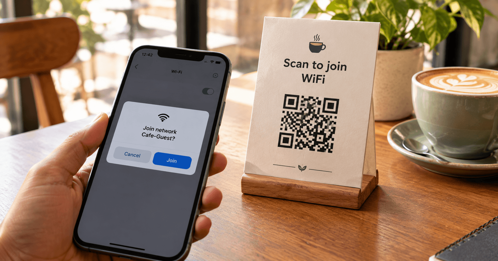 Cafe table tent with a WiFi QR code, smartphone showing a join-network prompt